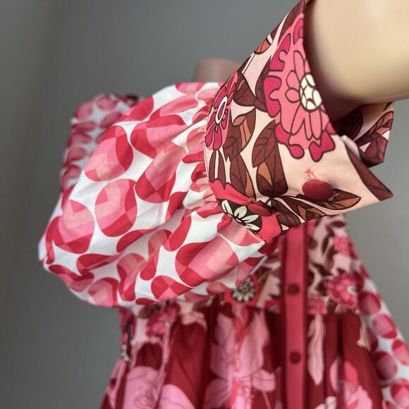 Dalia MacPhee Collared Shirt Dress Womens Red Pink Geo Floral missing Belt #148 - Picture 11 of 15